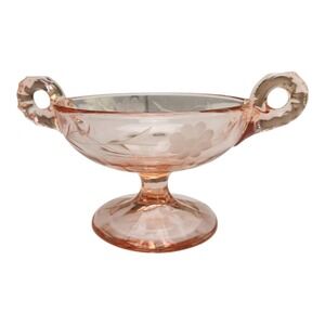 VTG Pink Depression Glass Footed Pedestal Dish Bowl Etched Handles Selenium Glow